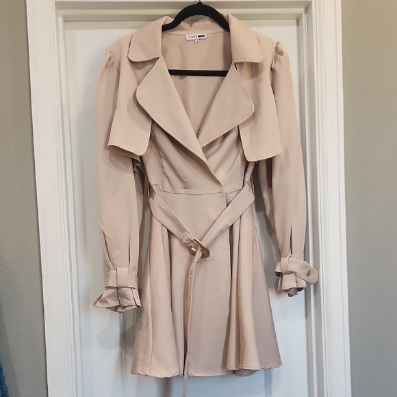 Fashion Nova Jackets & Blazers - Fashion Nova Beige Lightweight Long Sleeve Belted Peacoat Or Mini Dress